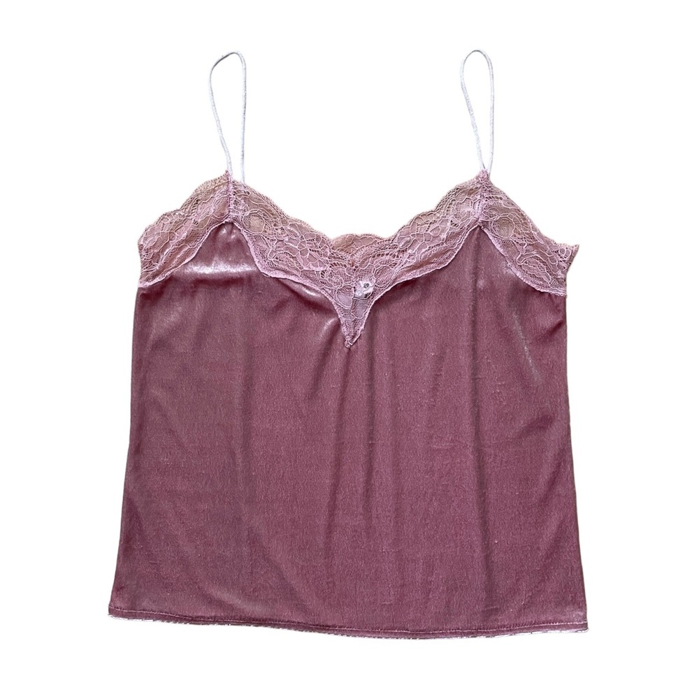 Mauve Pink Spaghetti Strap Lace Detail Velvet Tank Top Medium